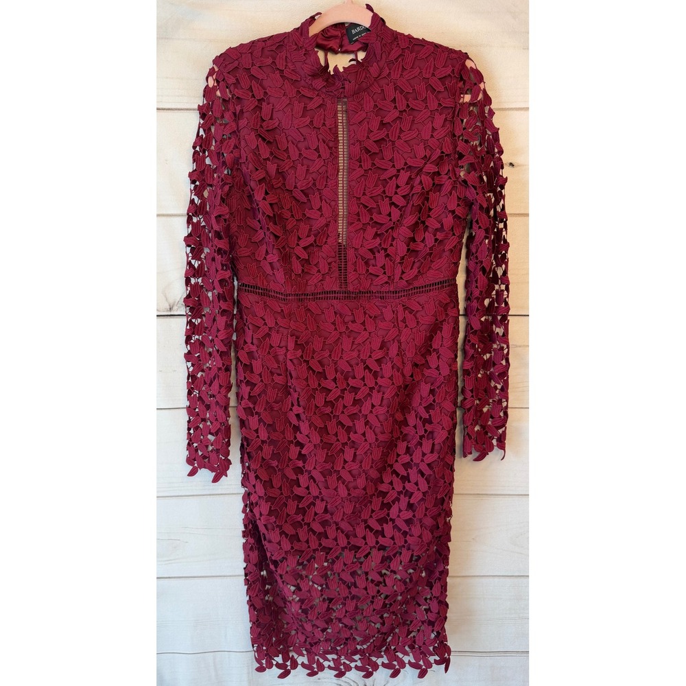 Bardot Burgundy Lace Long Sleeve Open Back Sheath Dress 53994DB US 10 L